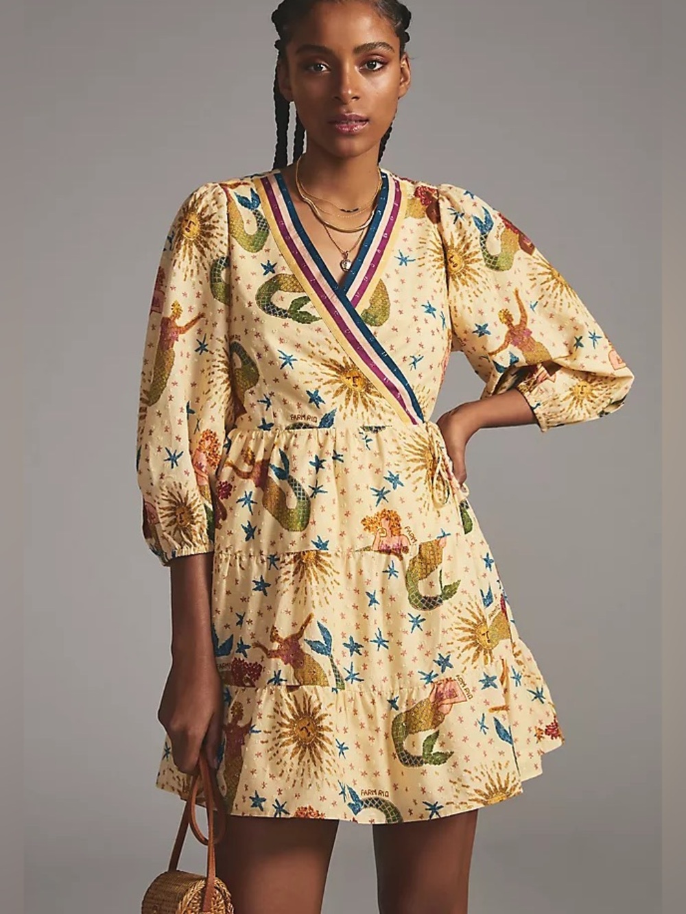 Farm Rio x Anthropologie XL Mermaid yellow 3/4 sleeve mini wrap dress